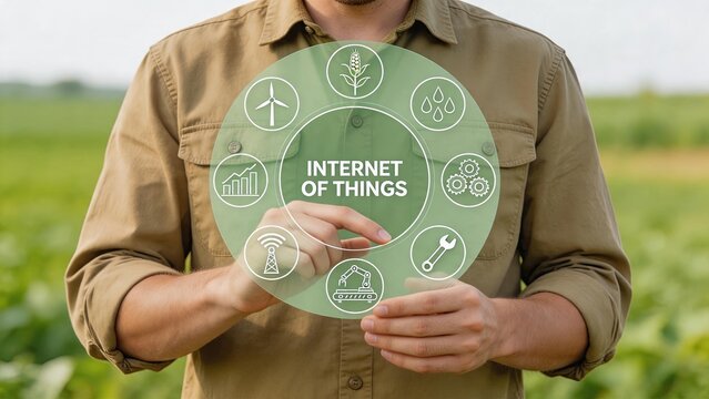 Farmer using digital interface for smart agriculture, IoT technology in farming, crop monitoring, data analysis, sustainable food production, precision agriculture concept, green