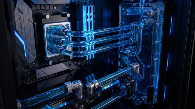 High-performance custom liquid cooled computer system interior showcasing intricate tubing and vibrant blue coolant for optimal thermal management and a powerful computing experience