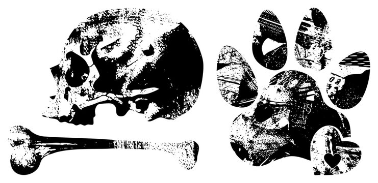 Gritty deaths head and bone paired with a textured animal track, featuring a weathered calavera style and a paw mark with a small heart. This stencil like collection uses high contrast halftone pat