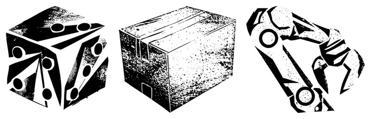 Fototapeta premium Mechanical claw or grabber manipulates a heavy shipping crate, known as a parcel or cargo box. These gritty stencil graphics feature intense black and white textures for a rugged look.