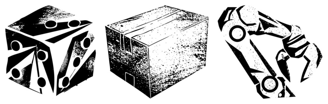Mechanical claw or grabber manipulates a heavy shipping crate, known as a parcel or cargo box. These gritty stencil graphics feature intense black and white textures for a rugged look.