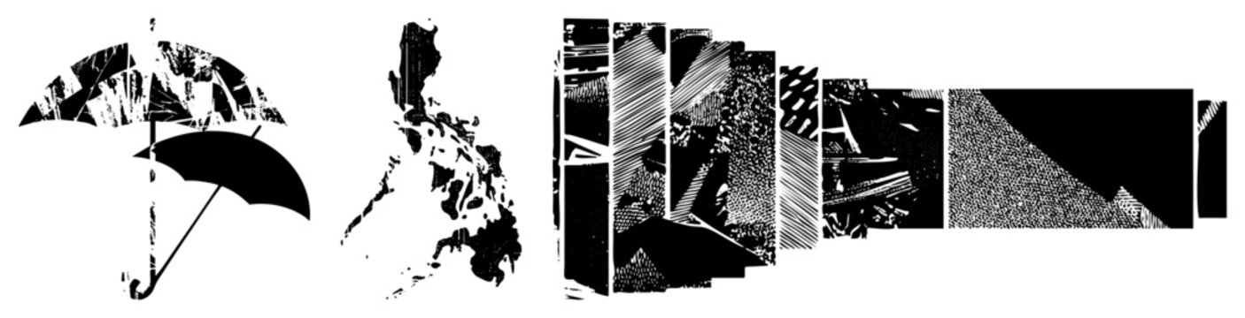 This distressed graphic features a map of the archipelago, the Pearl of the Orient, paired with a dark brolly shape. Textured halftone and fragmented geometric strips create a vintage aesthet