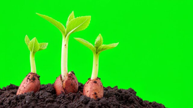 Peanut Seeds Splitting Shells and Growing Green Sprouts from Dirt Organic Studio Timelapse Motion Green Screen Chroma Key Commercial Stock Video Footages