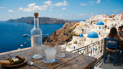 Fototapeta premium Santorini Greece Oia village blue domes and sea view