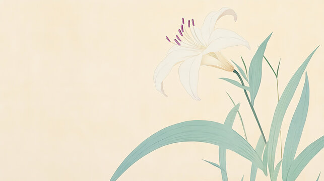 Minimalist two dimensional Japanese ukiyo e painting white lily flower purple stamens upper right slender green stem few leaves two large round ribbed blue green leaves bottom left overlapping thin gr