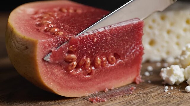 Closeup of a ripe guava being sliced on a wooden board with cheese.