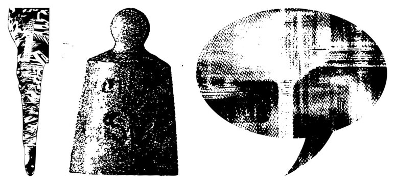 Weathered silhouette of a bell or chime, paired with a textured speech bubble. This grunge bell shape and talk box element features heavy halftone for a vintage aesthetic.