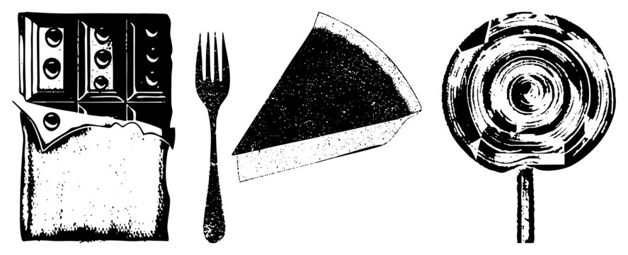 Textured collection featuring a broken chocolate bar, a slice of cake, a fork, and a swirl lollipop. These sweet treats, or sugary snacks, showcase a gritty stencil aesthetic.
