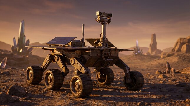 Robotic exploration vehicle navigates a mysterious, rocky extraterrestrial surface with glowing mineral formations, symbolizing scientific discovery and space missions