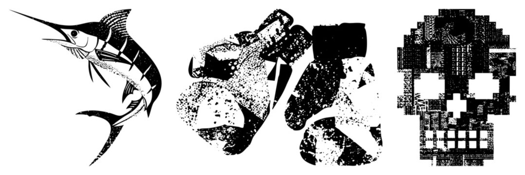 This collection features a stylized billfish, textured abstract blobs, and a digital skull. Use these rough sea creature, geometric splatter, and bitmapped bone elements for edgy designs.