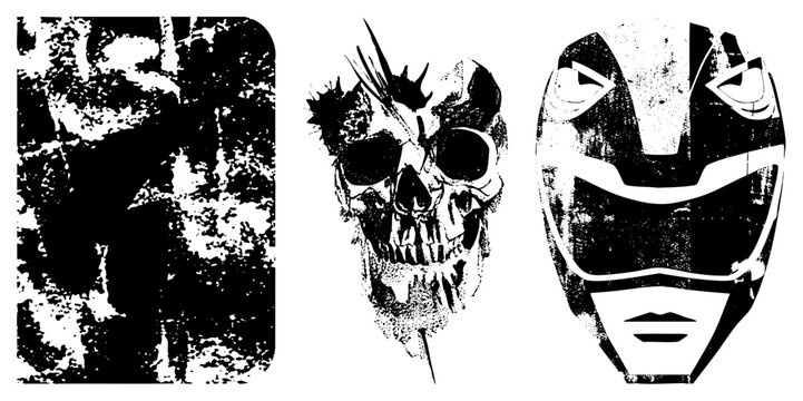 Edgy deaths head and hollow mask elements featuring heavy halftone grain. This bone head and phantom face set utilizes a high contrast stencil style for a dark aesthetic.