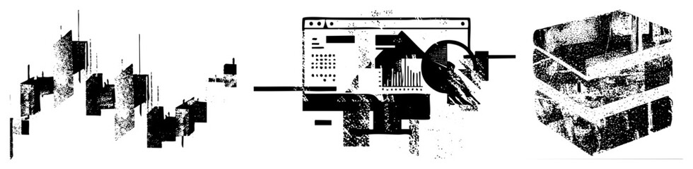 Obraz premium Raw halftone collage featuring distorted blocks and window like structures. This gritty data glitch and digital fragment aesthetic uses high contrast textures to create a sense of chaos.