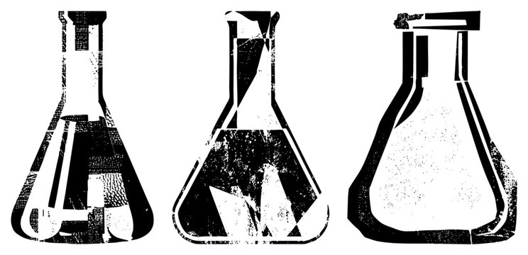 Three vintage conical flasks featuring heavy grain and halftone textures. These labware vessels, also known as chemistry beakers or science bottles, showcase a rugged stencil aesthetic.