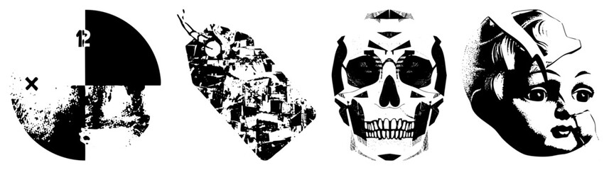 Obraz premium This gritty montage features a creepy doll face, a fragmented skull, and geometric blocks. These punk style street art elements combine distorted portraits and rough textures for a dark aesthetic.