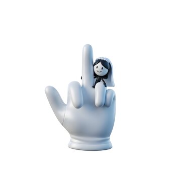 Tiny bride character sitting on a large hand gesture