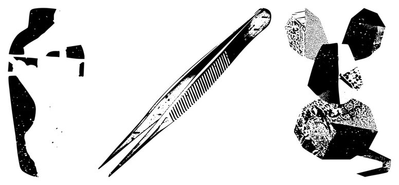 This distressed graphic features a pair of precision tweezers alongside various irregular shapes. The stipple textured pieces and sharp metal tool create a raw, punk inspired aesthetic.