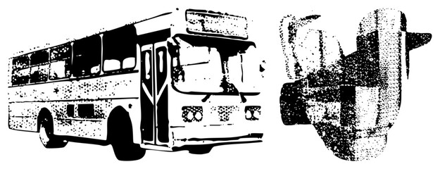 Obraz premium Gritty urban coach and city bus rendered in a heavy halftone style. This retro motorcoach features a weathered aesthetic, making it a perfect piece of street art.