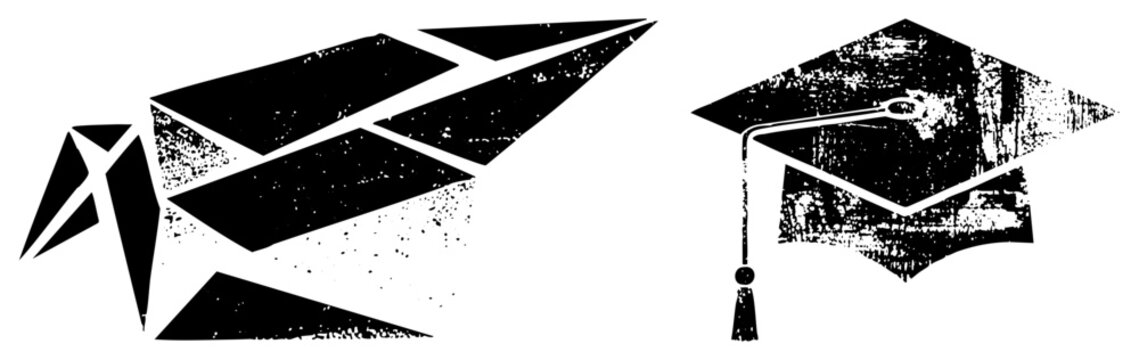 This textured set features a folded paper glider and a graduation cap. These scholar gear and paper bird symbols use a heavy stencil aesthetic with distressed edges for a vintage look.