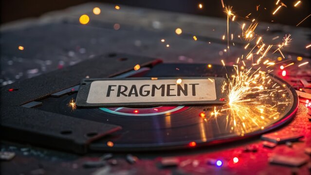 Sparkling Fragment with Vinyl Record and Artistic Shards on Surface