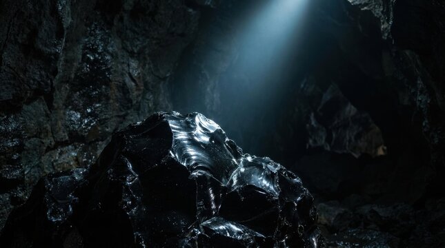 Glossy black volcanic obsidian rock with sharp conchoidal fractures illuminated by a dramatic shaft of light inside a dark subterranean cavern with damp stone walls.