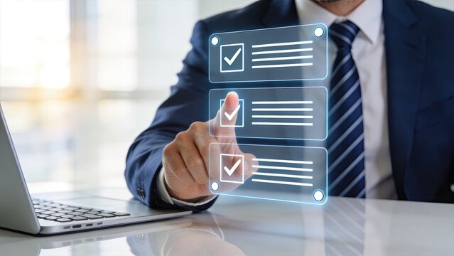 Digital checklist interface on transparent touchscreen, businessman selecting options, holographic task list display, virtual reality menu system, project management tool,