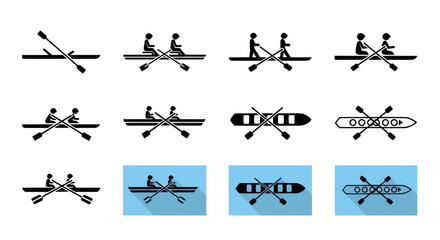 Rowing Boat Icons Set: People Paddling and Oars Silhouette © Fiji