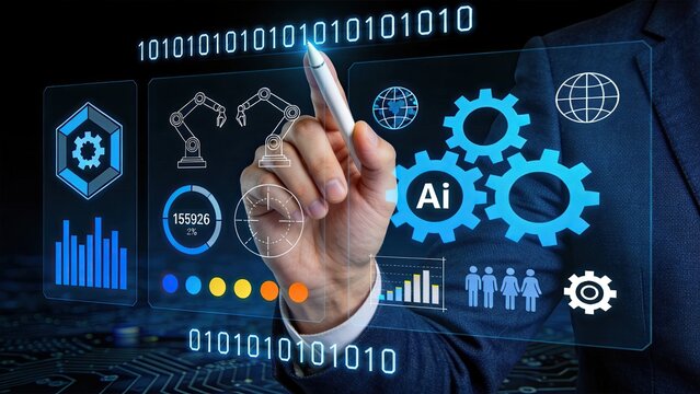 Artificial intelligence futuristic interface with binary code, AI technology concept, data analysis dashboard, automation gears, business analytics, machine learning algorithm,