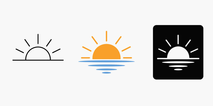Sunrise scene with illustrations of sun over water in various styles and colors.