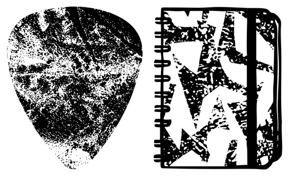 This textured set features a distressed plectrum alongside a spiral bound journal, showcasing a heavy halftone grit. This rock and roll kit includes a pick and a notebook for creative sketching.