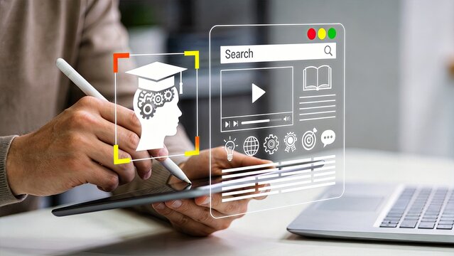 E-learning education technology with digital course interface on tablet, online study and knowledge acquisition concept