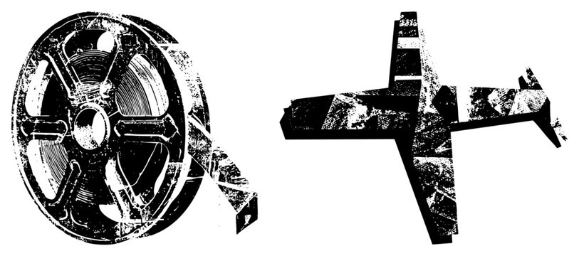 Weathered celluloid spool and a rugged plane, this gritty combo features a movie canister and an old warbird in a high contrast stencil style. The texture shows heavy wear and tear.