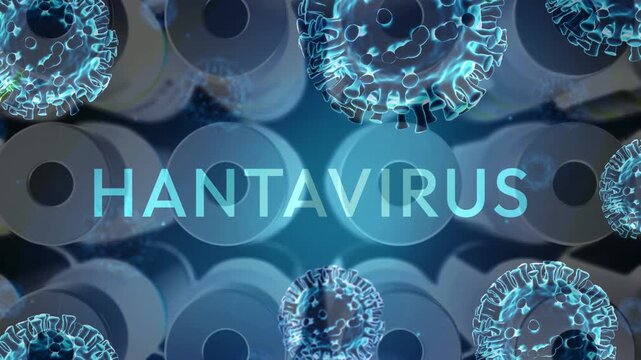3D rendering of hantavirus text surrounded by microscopic viral cells and laboratory vials