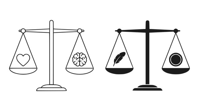 Scales of Justice: Heart vs Brain, Feather vs Circle, Black and White Comparison