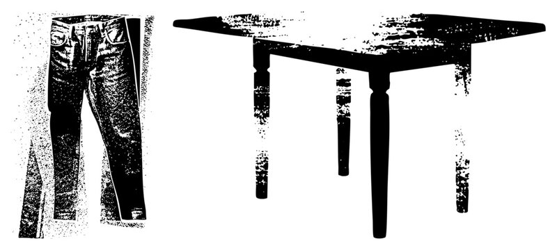 Pair of worn out blues and a sturdy farmhouse table shown in a gritty halftone style. These rugged dungarees and wooden trestle stand feature heavy grain textures and high contrast edges.