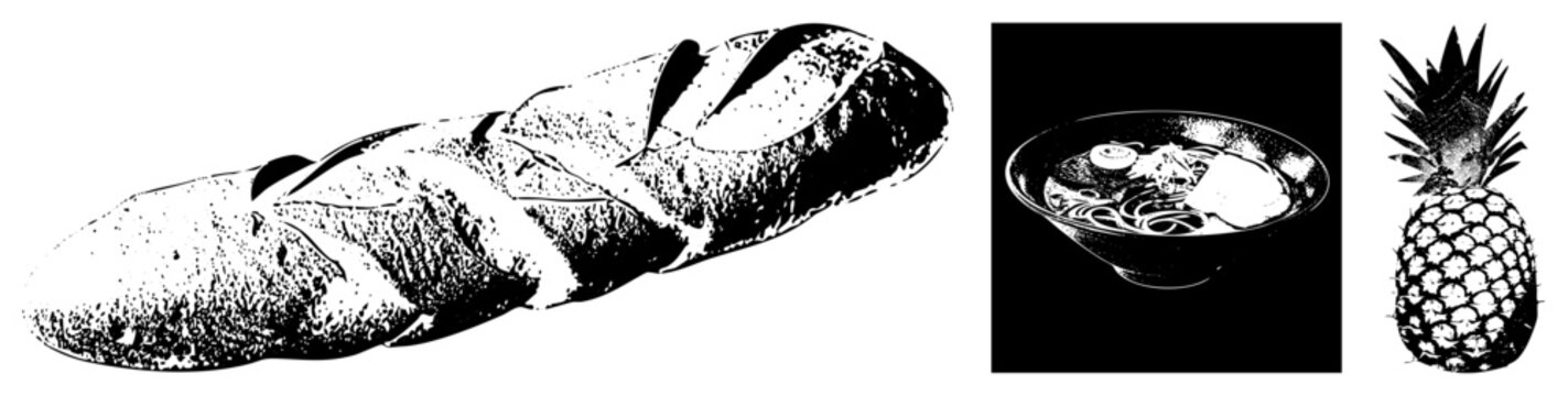 Textured long loaf of bread, often called a batard or French stick, sits near a bowl of ramen and a whole. These food elements feature a high contrast stencil aesthetic.