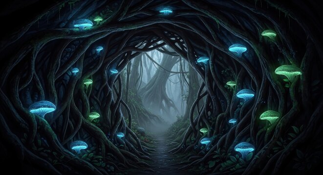 Enchanted Forest Path Illuminated by Bioluminescent Mushrooms