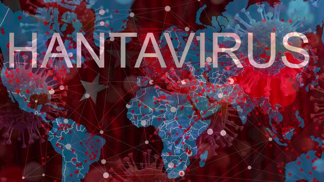 Global hantavirus concept with virus cells overlaying a world map and red warning indicators