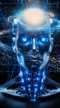Robot mind awakening under cosmic halo with swirling galaxy rings around head, blue neural lights, illuminated neck circuits, intense cognition aura and sudden burst of luminous particles