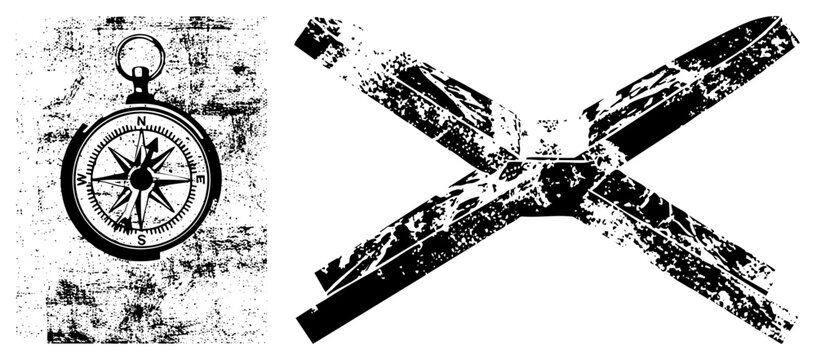 Weathered mariners tool and navigational rose sits beside a heavy textured X mark. This aged sea chart style features a worn sextant inspired compass and rough strike through symbols.