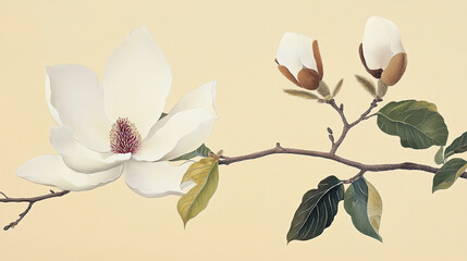 Obraz premium Simple elegant botanical illustration traditional east Asian style white magnolia flower two buds on branch against pale yellow background open flower left dark red center branch from right small ligh