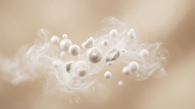 Ethereal White Spheres and Fragments Floating in Soft Beige Haze; Abstract Composition for Purity, Cosmetics, or Gentle Science Concepts