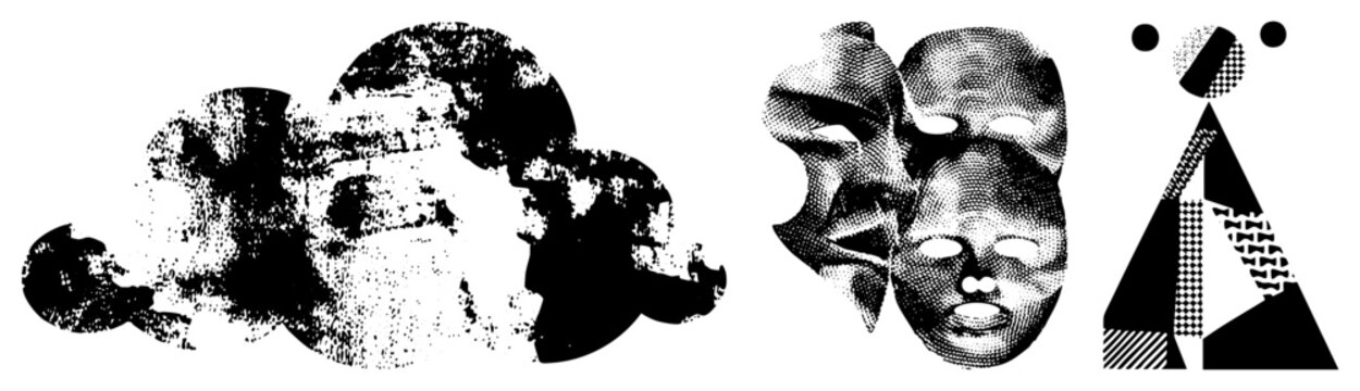 This collection features a textured ink blot, surreal mask faces, and a geometric totem. These halftone masks and ink splotches offer a raw, distressed aesthetic for edgy designs.
