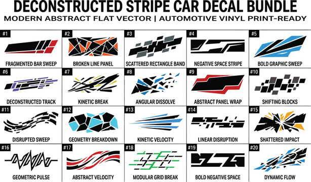 Set of sixteen black and white automotive side stripe decals featuring dynamic sharp vector graphics for sport car vinyl wraps