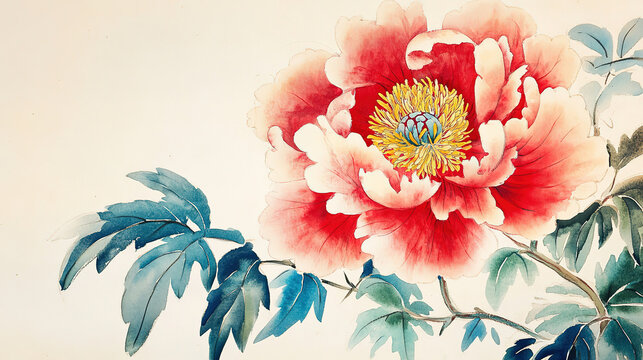 Watercolor painting light beige background large red peony with yellow white stamens green blue leaves and stems at lower left and bottom right painterly loose strokes traditional Asian
