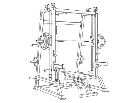 A robust, steel weightlifting machine stands on a white background. The machine features a squat rack, a bench, and weight plates.