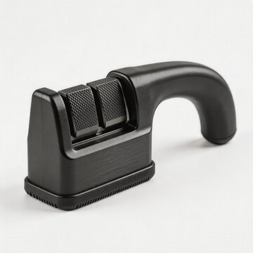 This is a black handheld dual-stage manual knife sharpener with textured sharpening slots and an ergonomic curved handle for easy kitchen blade maintenance.