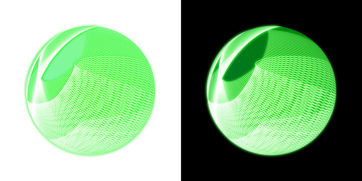 Glowing green wireframe sphere with intersecting mesh lines on transparent and black background, isolated abstract globe element