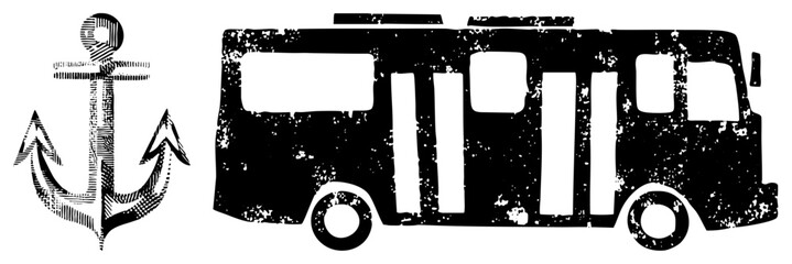 Obraz premium This gritty stencil set features a maritime anchor alongside a city bus, capturing a rough street art aesthetic. The seafaring and public transport coach appear in a worn, weathered style.
