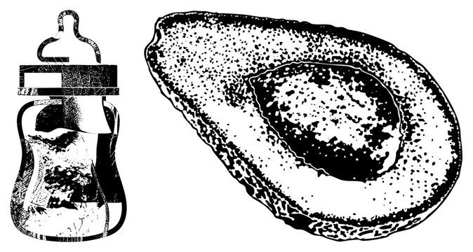 Textured avocado half paired with a baby feeding bottle, featuring a distressed stippled aesthetic. This fruit pitless half and infant nurturer set uses a vintage halftone style.