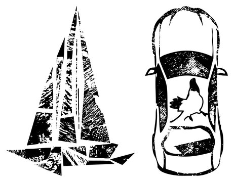 This gritty sailboat or schooner features a heavy texture. The rugged vessel and windjammer design uses a high contrast stencil style for a weathered maritime aesthetic.